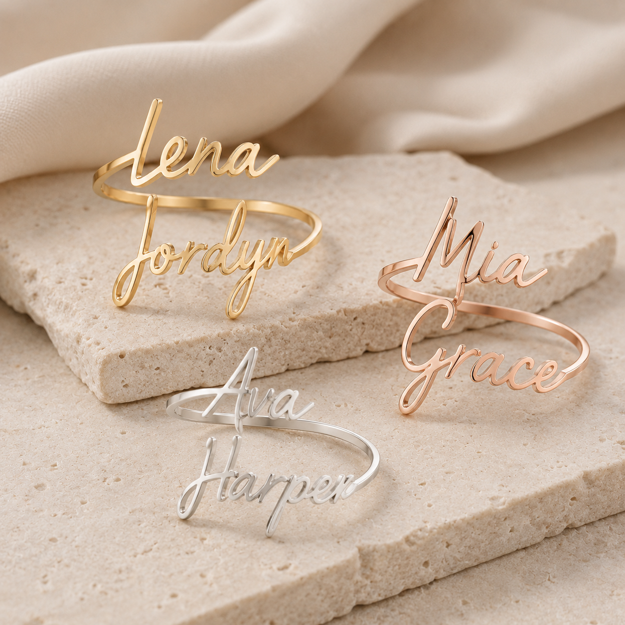 Two name wrap ring in rose gold and silver finishes - Anthology Jewelry Company